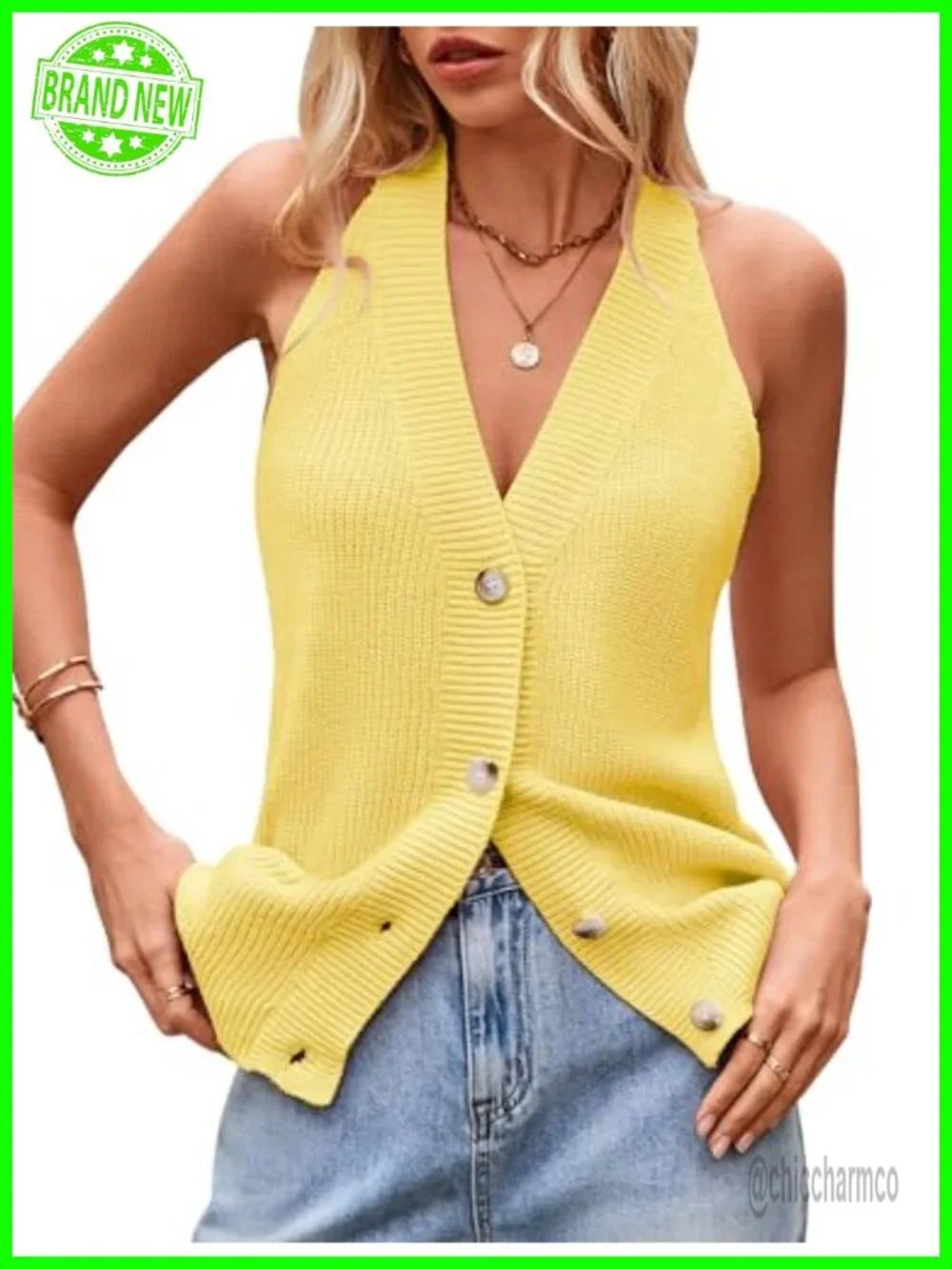 Button Down V Neck Sleeveless Cardigan Sweater Vest Knit Tank Top